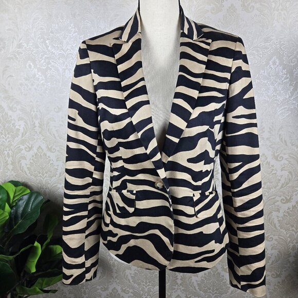 Jones New York Signature Size 4 Cream Black Animal Striped Blazer 1 Button Close - Picture 1 of 14